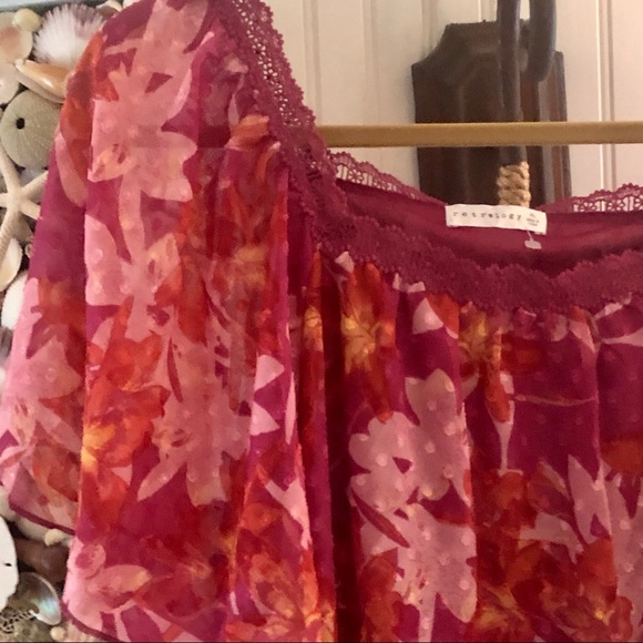 NWT Sheer Fuchsia Pink with Orange Floral Retrology Top, lined Sz XLarge - Picture 4 of 8